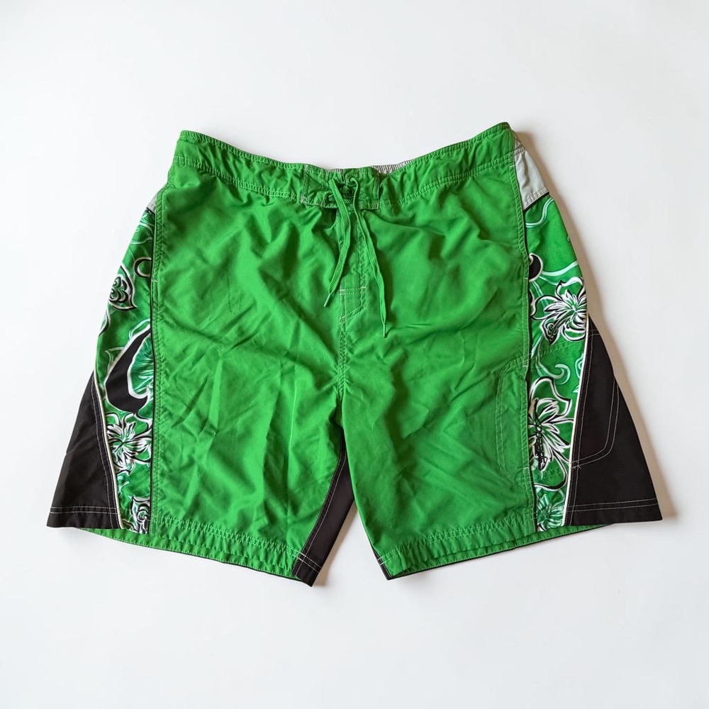 Y2K Speedo Board Shorts Green Floral Hawaiian Swim Trunks Surf Skate 2XL